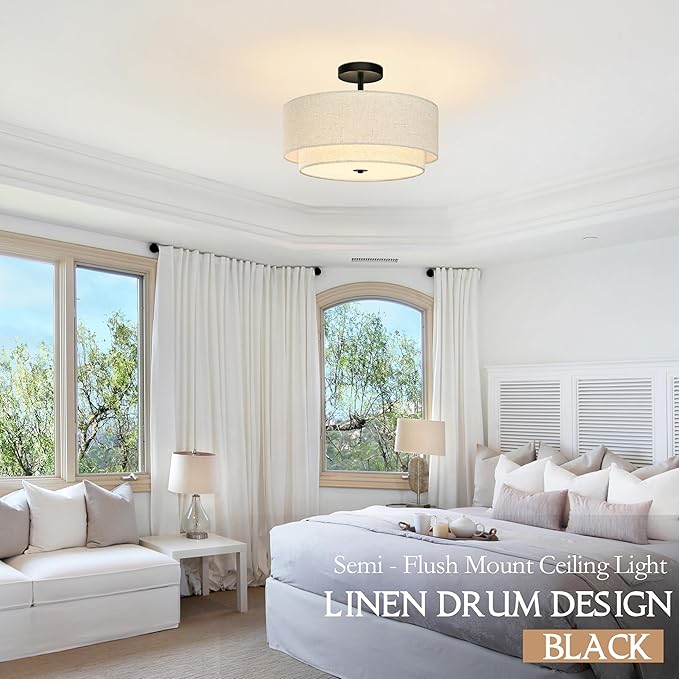 3 Light Semi Flush Mount Ceiling Light Fixture 15.7 Inch Modern Black Drum Ceiling Light Fixture with 2-Layer Fabric Shade Dimmable Close to Ceiling Light for Living Room Hallway Bedroom Entryway