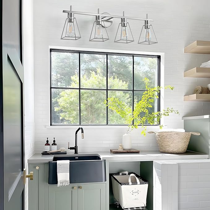 Industrial Bathroom Vanity Lights: 4-Light Silver Brushed Nickel Vintage Metal Cage Wall Sconce - Rustic Farmhouse Light Fixture Over Mirrors Cabinet for Bath Hallway