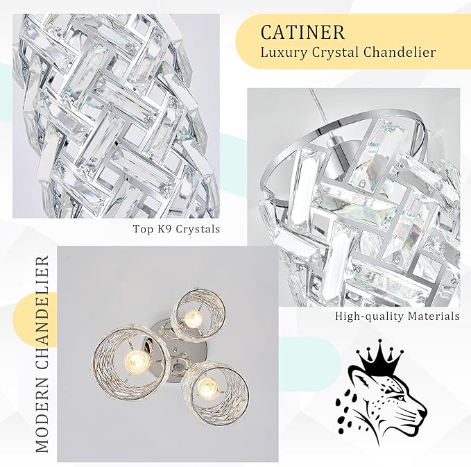 CATINER 3-Light Modern Crystal Pendant Light, Chrome Mini Chandelier – Adjustable Cluster Pendant Lighting Fixture for Kitchen Island, Dining Room, Bedroom, Hallway, Porch