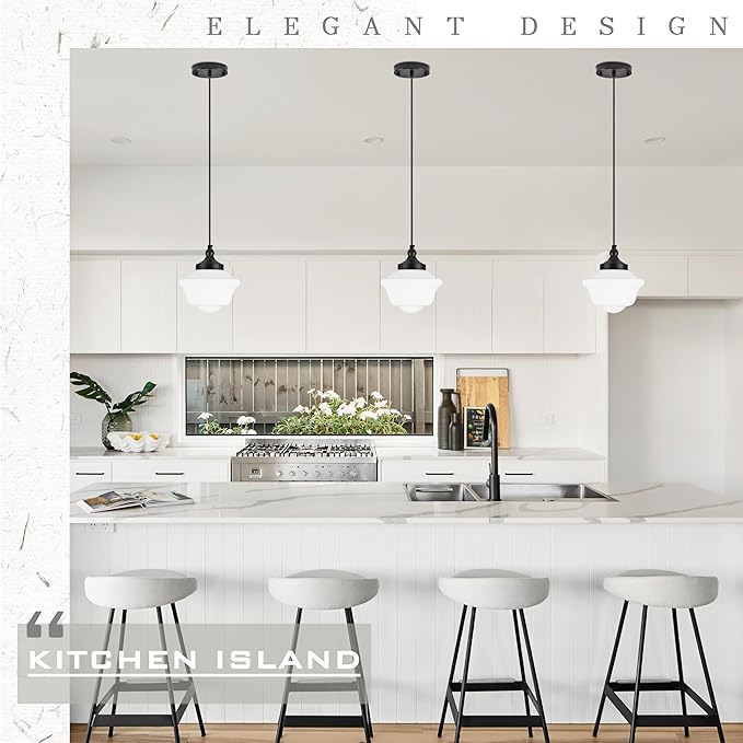 Bagood 2 Pack 8" Milk Glass Pendant Light Black Schoolhouse Light Fixture Schoolhouse Pendant Light Milk Glass Light Fixture Mid Century Modern Ceiling Light for Bedroom Bathroom Kitchen (Bulb Incl.)