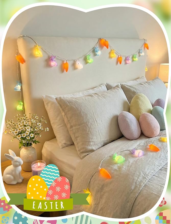 8.5Ft Multicolor Bunny and Carrot Easter String Lights, 10 LED Rabbit Carrot Fairy Lights Plug in, UL Listed Decorative Lights for Spring Easter Party Bedroom Window Wall Patio Garden Wedding Decor