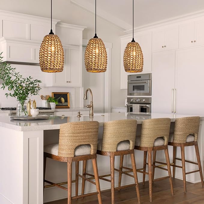 Mini Rattan Pendant Light Fixtures,7.09" Boho Pendant Light,3-Pack Hand Woven Seagrass Rattan Chandelier for Dining Living Bedroom Kitchen Farmhouse