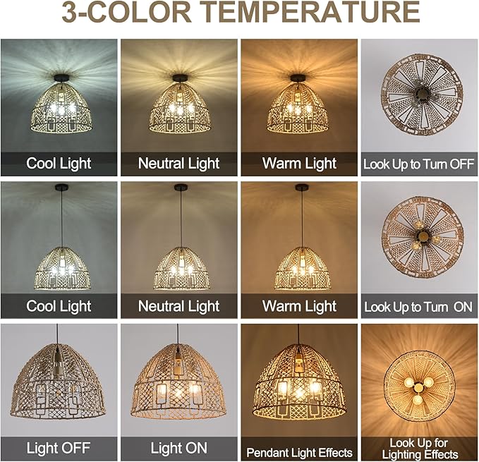 17.71" Rattan Pendant Light,Boho Hand Woven Wicker Hanging Light Seagrass Rattan Chandelier for Dining Living Bedroom