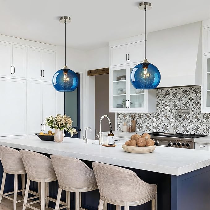 9.1in Large Blue Glass Pendant Light for Kitchen Island, 2-Pack with Extra LED Bulbs & 4.92ft Adjustable Cord | Modern Minimalist Lighting for Dining Room, Living Room, Entryway