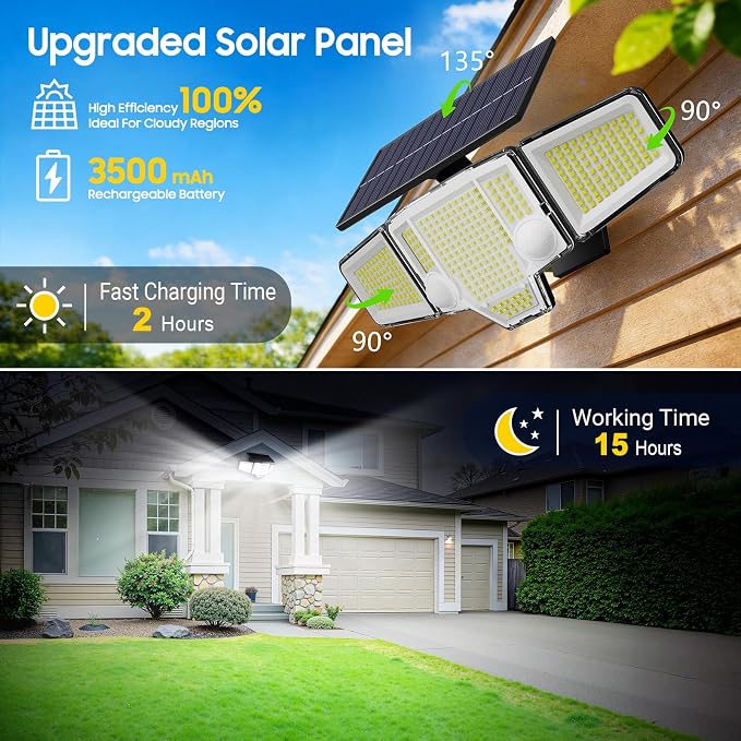 2026 Motion Sensor Solar Lights Outdoor Waterproof, 4000LM Solar Flood Lights with Dual PIR & Curved 300° Wide Beam, Larger 3500mAh Adjustable Solar Security Spot Lights for Yard-2Pack Black
