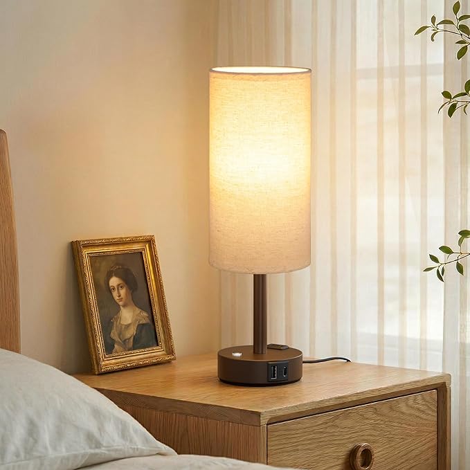 Touch Bedside Table Lamp with Memory - Stepless Dimmable Lamp for Bedroom, Small Nightstand Lamp with Dual USB Charging Ports and AC Outlet, Wood Night Light, Deak Lamp for Nursery (Beige & Brown)
