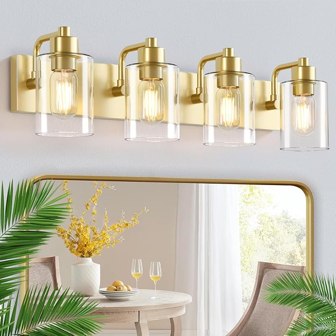 Dpyrrhic Gold Bathroom Light Fixtures,Gold Vanity Light Wall Sconces,4-Light Bathroom Lights Over Mirror with Clear Glass Shade for Kitchen Living Room Bedroom