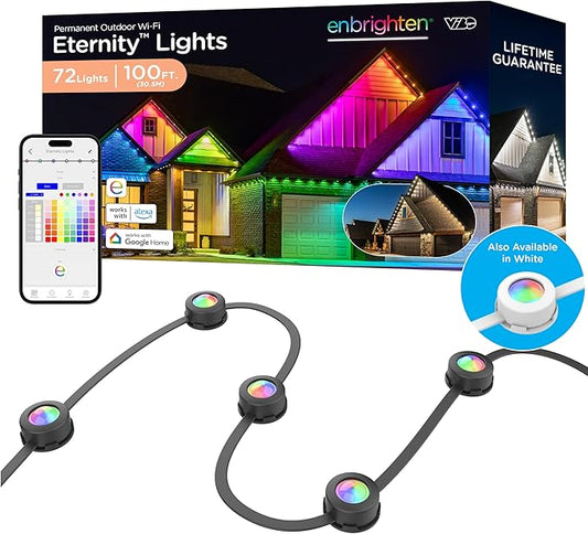 Enbrighten Eternity Permanent Outdoor Lights, 100ft with 72 RGBWIC LED Lights, App‑Controlled, Cuttable, Christmas, Accent & Year‑Round Eave Lighting, Works with Alexa & Google Home, 82730