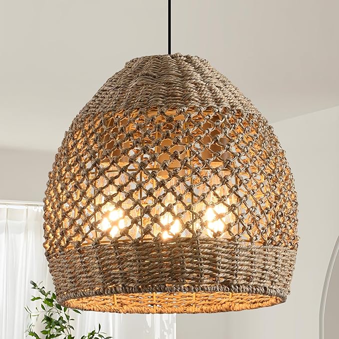 13.39" Rattan Pendant Light,Boho Hand Woven Wicker Hanging Light Natural Grass Rattan Chandelier for Dining Living Bedroom (Sand Black+Rattan)