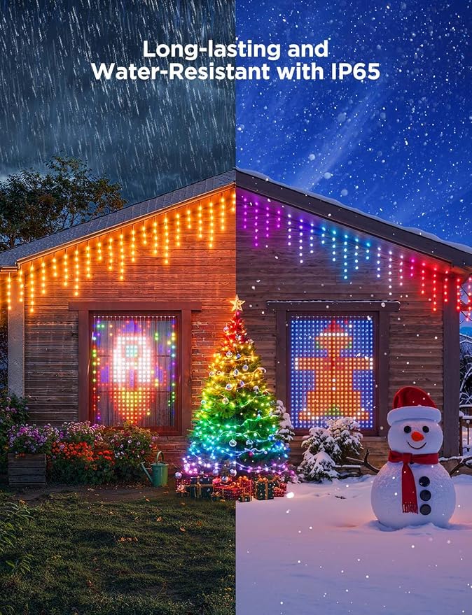 Govee Outdoor Lights Set, Includes Curtain Lights, String Lights, & Icicle Lights, House Decor for Indoors & Outdoors, RGBIC Smart LED Lights, Holly-Jolly Christmas Bundle 1 Pack Each