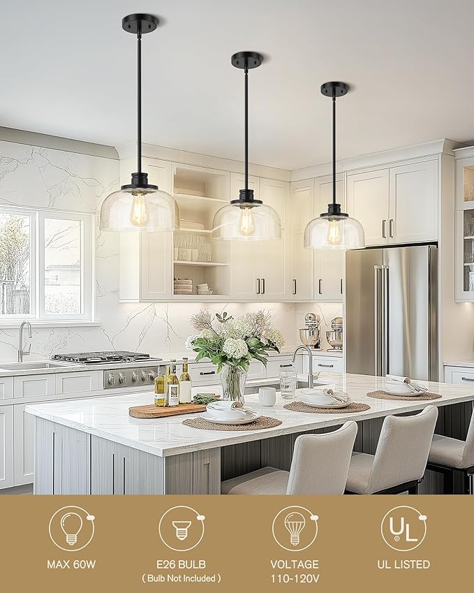 Emak 2 Pack Black Pendant Light Fixtures, 10 Inch Seeded Glass Pendant Lights Kitchen Island, Modern Farmhouse Island Lights for Kitchen, Dining Room, Bathroom, Bar, PL131-BK-SG-2PK