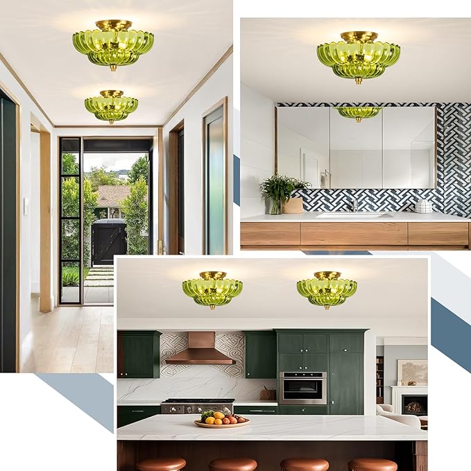 Semi Flush Mount Ceiling Light, Modern Gold Ceiling Light with Green Glass,3 Lights Close to Ceiling Light Fixtures for Bedroom, Dining Room, Kitchen, Living Room, Entryway, Hallway
