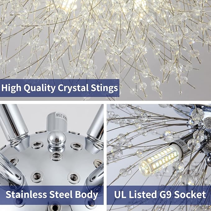 CM MZY Sputnik Flush Mount Ceiling Light Fixtures, Modern Chrome Crystal Firework Chandelier, 8-Light Close to Ceiling Lighting Fixtures for Bedroom Kitchen Hallway Entryway(H11.8'' x W21.5'')