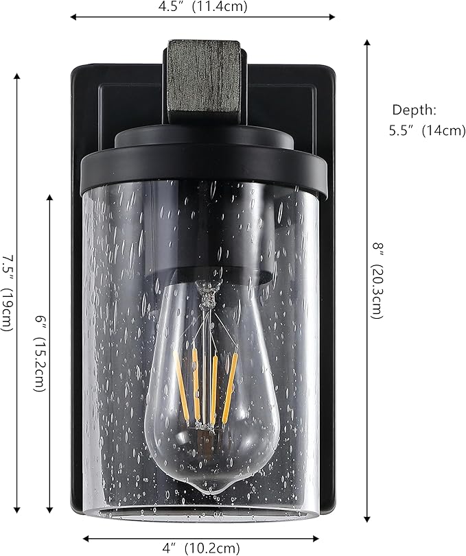 JONATHAN Y 4.5" Black/Gray Oak Wood Finish 1-Light LED Vanity Light, Rustic Farmhouse Sconce, Clear Seeded Glass Shade, Industrial Wall Lamp for Bathroom Mirror, Kitchen Sink, LED Bulb (JYL7507B)
