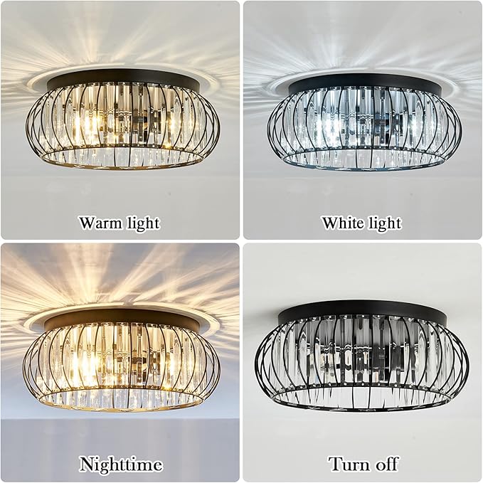 YYJLX 3 Light Flush Mount Ceiling Light Fixtures Modern Crystal Chandelier Black E26 Indoor Lighting for Hallway Bedroom Bathroom Foyer Living Room Dining Room Kitchen.
