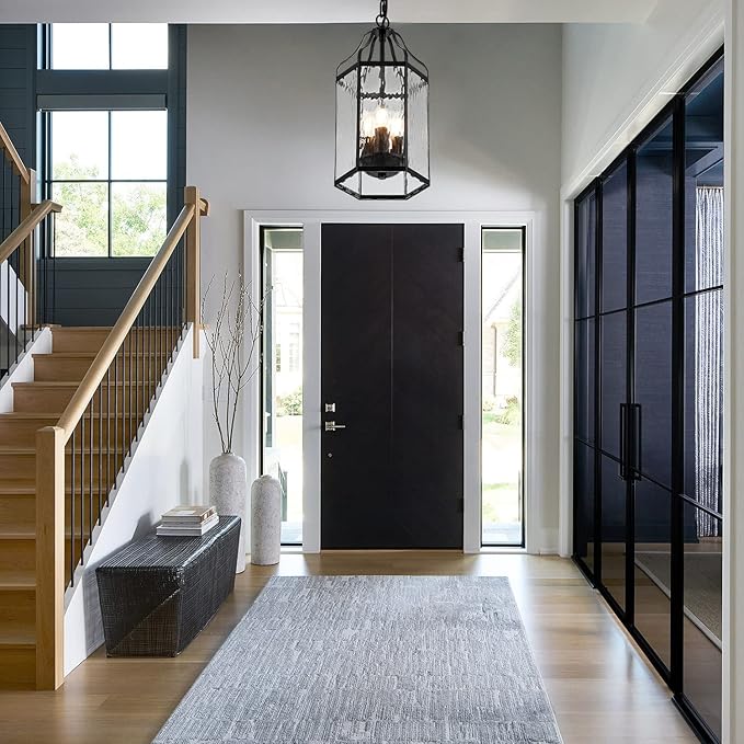 8" Modern 3-Light Exterior Black Lantern Pendant Light Fixture with Clear Rippled Glass Mini Industrial Hanging Cage Chandelier for Outdoor Kitchen Dining Room Hallway Entryway Foyer Porch