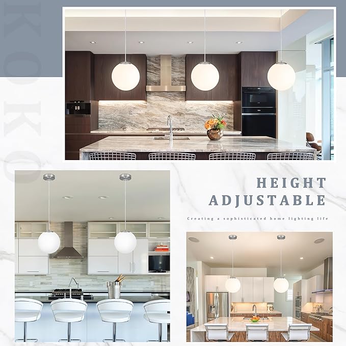 KoKo&Yukina 10 Inch Pendant Light Nickel Globe Pendant Lights Kitchen Island Mid Century Light Fixture Adjustable Globe Pendants Lights with Milky White Glass Shade for Dining Room Living Room