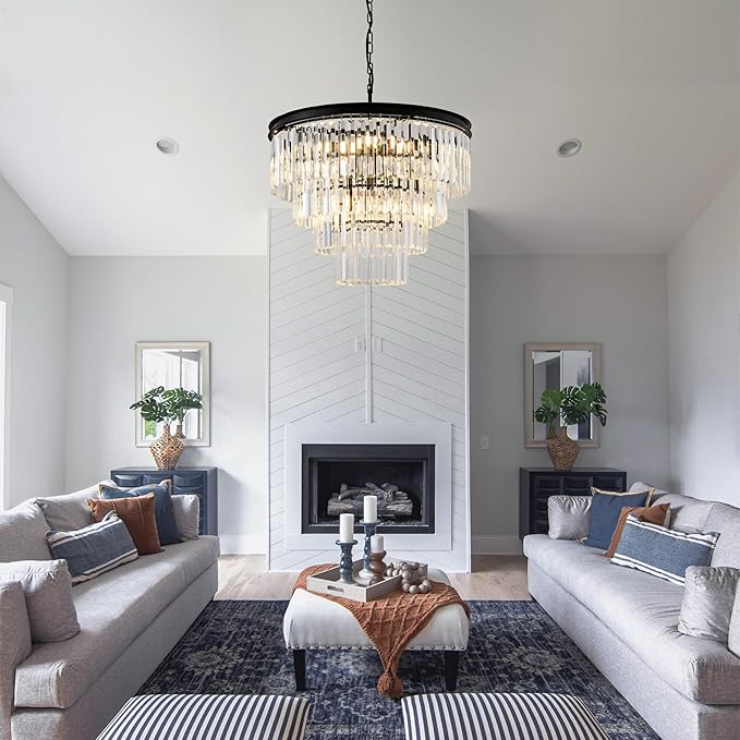 Modern Crystal Chandelier Lights 22.8" 10-Light K9 Crystal Pendant Light 4-Tier Black Luxury Crystal Hanging Dining Room Light Fixture for Living Room Kitchen Bedroom Stairway Office Foyer