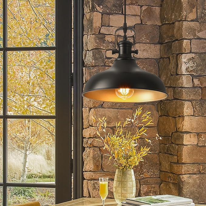 Farmhouse Pendant Lights, 11.4" Black Pendant Lighting for Kitchen Island, 2 Pack Kitchen Island Lighting, Industrial Vintage Hanging Light Fixtures for Barn, Dining Room