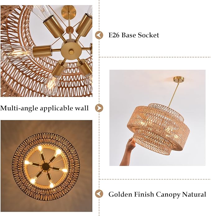 Boho Rattan Chandelier, 6-Light Dining Room Light Fixture,23.62" Wicker Pendant Lighting with3-Tier Woven Lampshade, Large Farmhouse Chandeliers for Kitchen