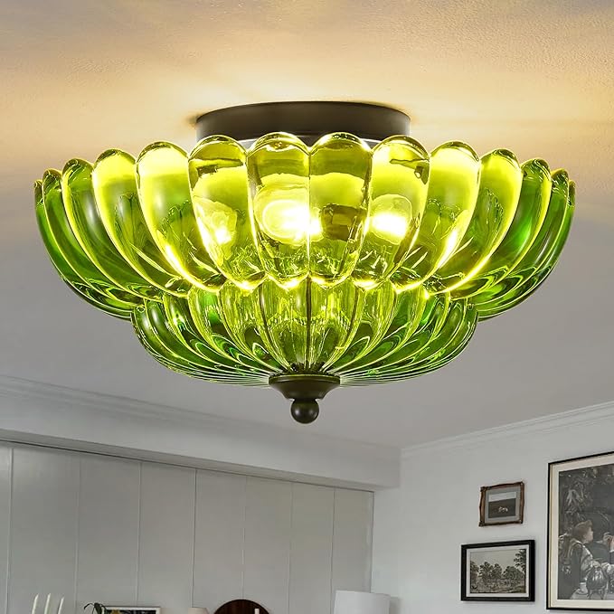 Semi Flush Mount Ceiling Light, Green Glass Ceiling Light Fixture, 3-Bulb Modern Black Close to Ceiling Light, Vintage Glass Ceiling Lights for Bedroom Kitchen Living Room, Bulb Not Included