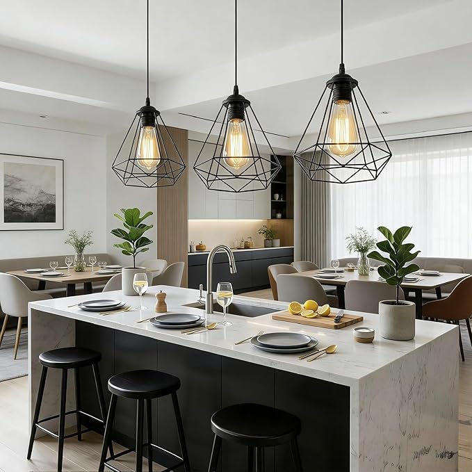 2 Pack Black Pendant Lights Kitchen Island,Farmhouse Hanging Lamp with Adjustable Cord,Small Metal Cage Hanging Ceiling Pendant Light Fixture for Dining Room,Entryway,Kitchen Island Sink,Foyer
