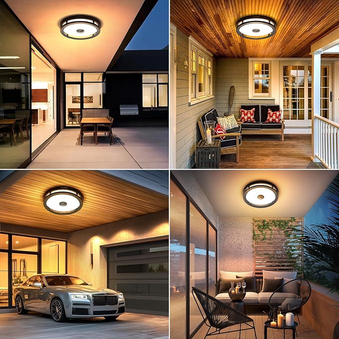 Outdoor Motion Sensor Flush Mount Ceiling Light, LED Outdoor Ceiling Light Fixture 2 Pack, 12" Dusk to Dawn Porch Ceiling Light, Black Modern Exterior Light for Farmhouse Garage Hallway Entry