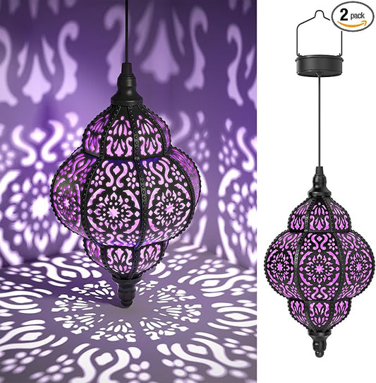 Hapjoy Hanging Solar Lights Outdoor Garden Decor Solar Lantern Waterproof Plastic Moroccan Outdoor Decorations for Patio Pathway Yard Backyard Garden Decorative (2, Purple)