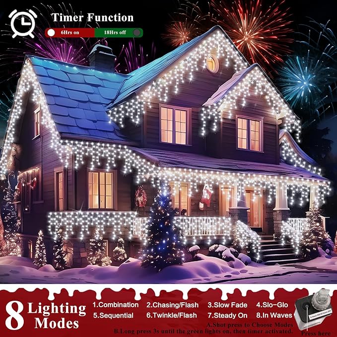 XURISEN 66ft Christmas Lights Decorations Outdoor, 640 LED 8 Modes Curtain Fairy Lights with 120 Drops,Plug in Waterproof Timer Memory Function for Christmas Holiday Wedding Party Decor(Cool White)