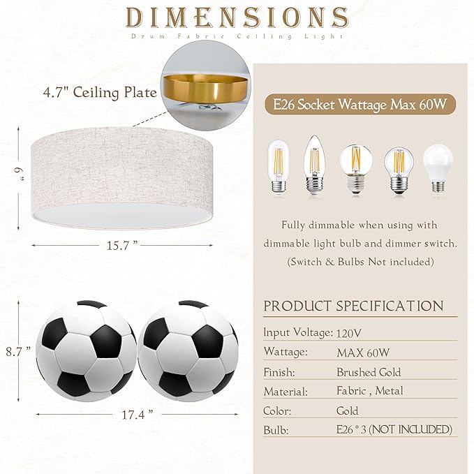 15.7 Inch Flush Mount Ceiling Light Gold Close to Lights Fixture with Fabric Shade 3-Light Drum Modern Lights for Dining Room Bedroom Hallway