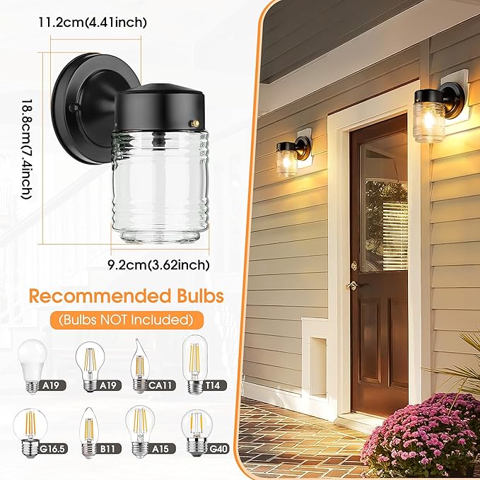 MATAMEYE Jelly Jar Outdoor Wall Lantern, Black Exterior Waterproof Wall Mount Lighting Fixture, Anti-Rust Front Door Sconce with Clear Ribbed Glass, E26 Socket Lights, 2 Pack