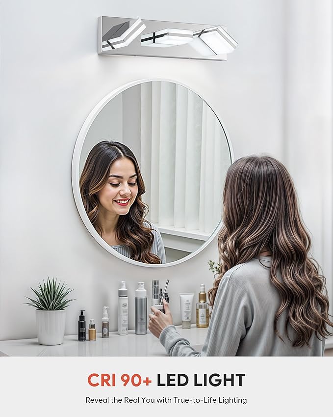 VONLUCE Bathroom Vanity Light Fixture, 3-Light Modern LED Vanity Lights, 3CCT Adjustable Bathroom Light with Memory Function Rotatable Shades, 18" Wall Lighting Fixture Over Mirror, Chrome