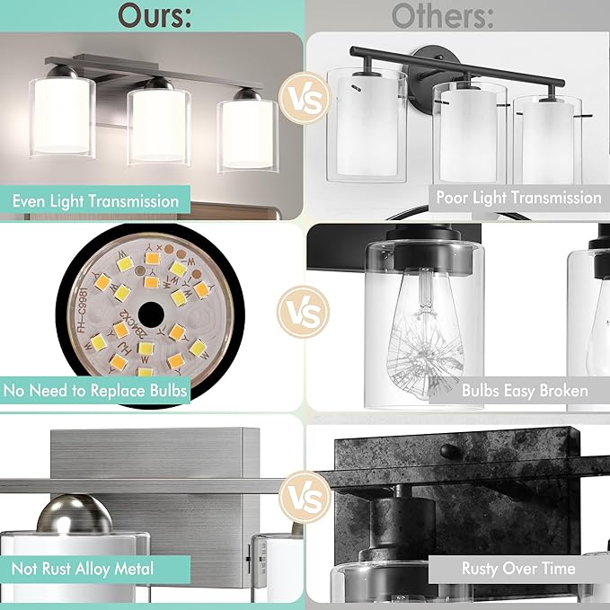 Quntis 3 Light Brushed Nickel Bathroom Light Fixtures, Modern Vanity Lights Over Mirror with 5 Colors & Stepless Dimmable, 16 Inch LED Bathroom Lighting with Milk White Frosted Glass (Bulbs Included)