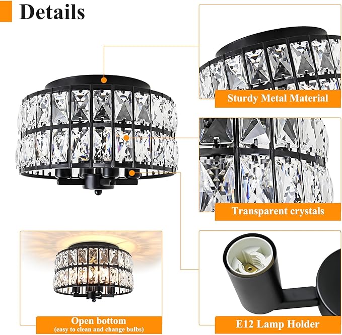 4-Light Crystal Flush Mount Ceiling Light, 11.2" Modern Chandelier, Black Ceiling Light Fixture for Kitchen, Bedroom, Hallway, Bathroom, Entryway, Closet, Dining Room