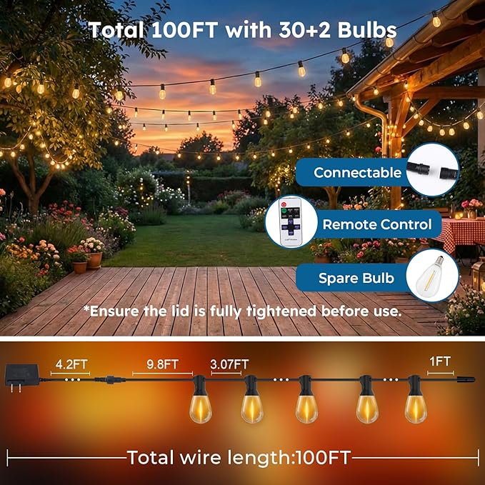GvvooHome 100FT Outdoor String Light with S11 Plastic Bulbs, Low-Voltage LED Patio Light with App & Remote, Music Sync, 4 Lighting Modes, Dimmable & Waterproof for Backyard, Porch, Garden, Deck, Party