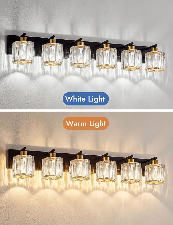 VOLISUN Crystal Vanity Lights for Bathrooms, 6 Light Bathroom Vanity Light, Black and Gold Bathroom Light Over Mirror, Modern Bathrooms Lights Fixtures-UL Certificated(Exclude Bulb)