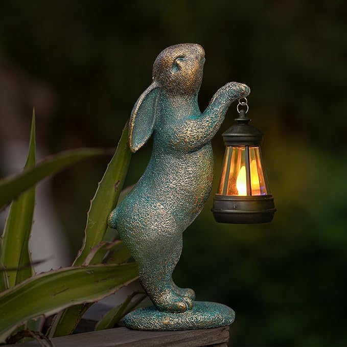 MININOVA Garden Statues Rabbit with Solar Lantern Resin Outdoor Bunny Figurines Decorations for Patio Yard Lawn Ornaments Gifts for Mother's Day Birthday Housewarming