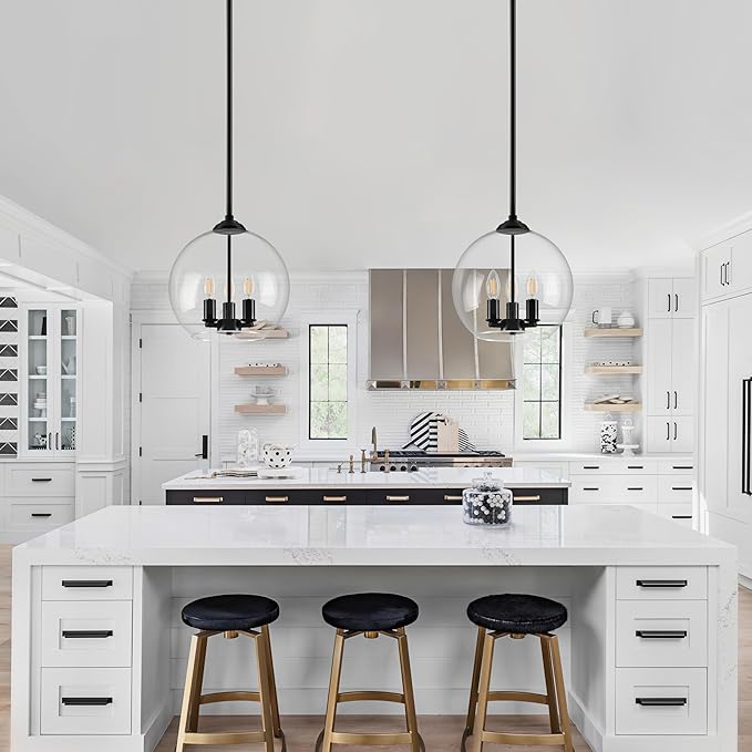 12" Globe Pendant Lights Kitchen Island Glass Globe Pendant Light Fixture Bedroom Mid Century Modern Pendant Lighting Black Pendant Light for Kitchen Island Dinning Room (Bulb Incl.)
