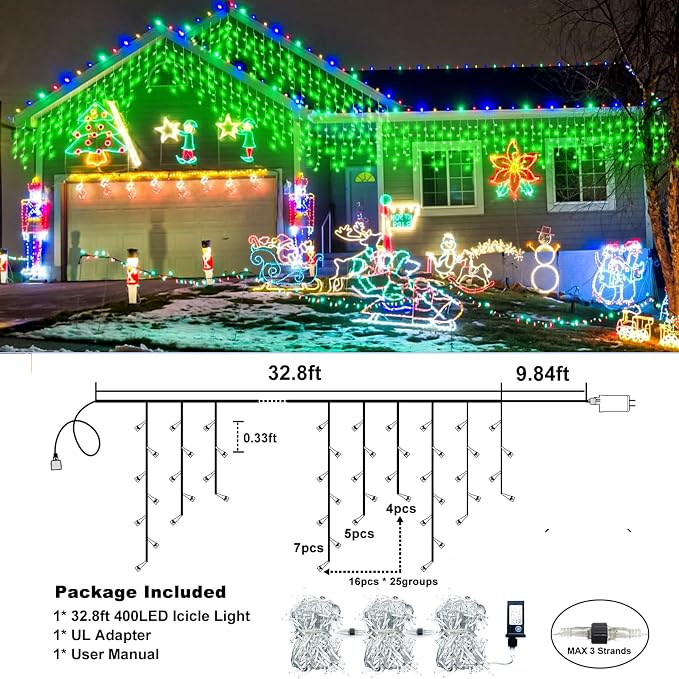 Icicle Lights for Outside - 33FT 400 LED Icicle Christmas Lights Outdoor with 75 Drops 8 Modes, Waterproof Connectable Curtain Hanging Lights for Indoor Eaves Patio Party Halloween Decorations, Green