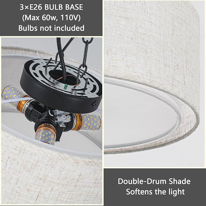 Luupyia 12.59 Inches Fabric Drum Ceiling Light Fixture, 3-Lights White Simple Semi Flush Mount Ceiling Lights with Double Fabric Shade, Drum Overhead Lighting for Bedroom Hallway E26, 60W