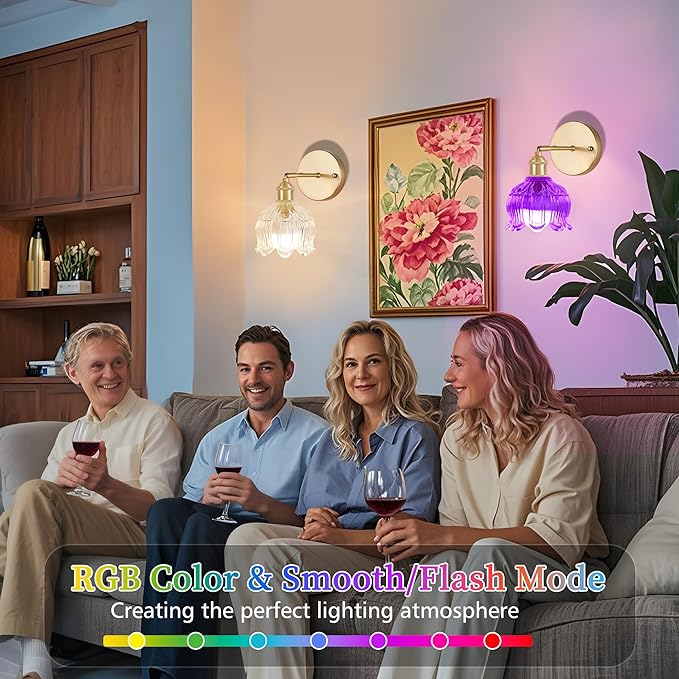 Wireless Wall Sconce with Flower lampshade, Battery Operated Wall Lights,Wall lamp with 15 Colors for Bedroom Living Room Home Decor (Clear, 2 Light Battery Operated)