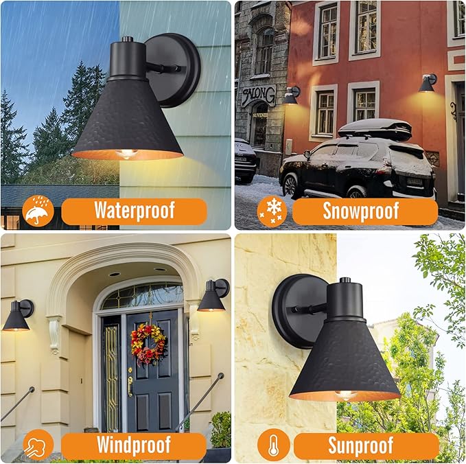 2 Pack Outdoor Wall Sconces - Wall Lights Fixture Exterior Farmhouse Porch Light with Hammered Metal Shade, Anti-Rust Waterproof Black Outside Barn Light for Front Porch Patio Garage Gazebo House