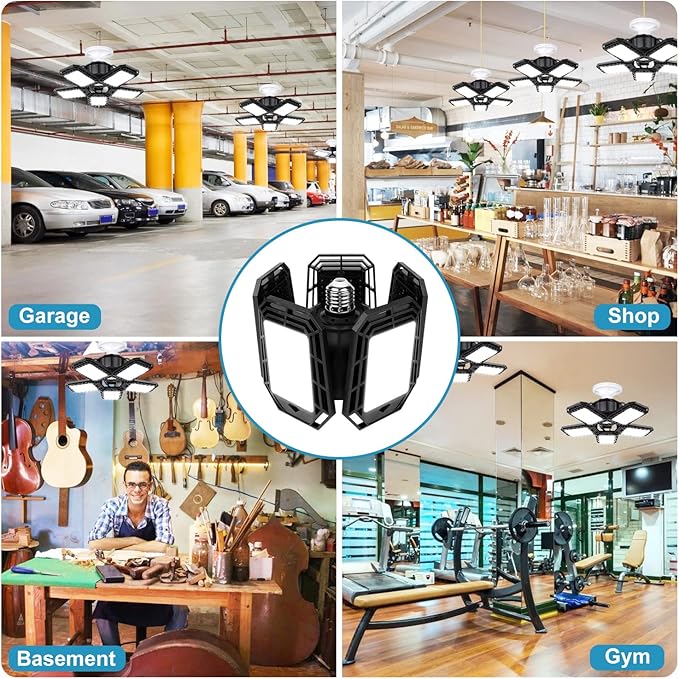 LED Garage Lights 4 Pack, Ceiling LED Shop Light 160W 16000LM 6500K Screw in Led Light with 5+1 Deformable Panels, Bright Led Lighting for Garage Workshop Basement Support E26/E27 Socket