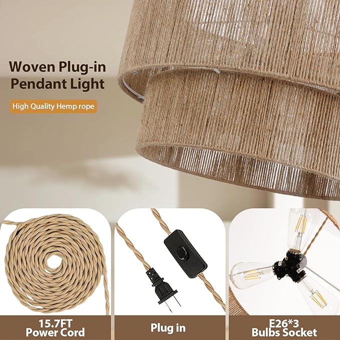 18” Plug in Pendant Light, Hanging Light Fixture with Hemp Rope Lampsahde, Handwoven 2 Tier Drum Boho Plug in Chandelier for Dinning Room, Bedroom and Living Room