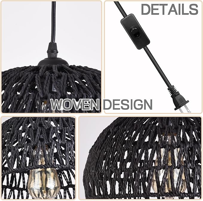 Ayshwill Dec Black Rattan Wicker Pendant Light - 15ft Boho Rattan Chandelier for Dining Room Kitchen Island (Bulb Included)