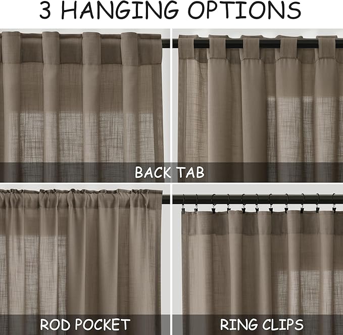 Dark Taupe Linen Curtains 96 Inches Long for Living Room 2 Panels Back Tab Pocket Semi Sheer Privacy Light Filtering Modern Farmhouse Curtains Flax Linen Bedroom Curtain Drapes for Bedroom 40x96