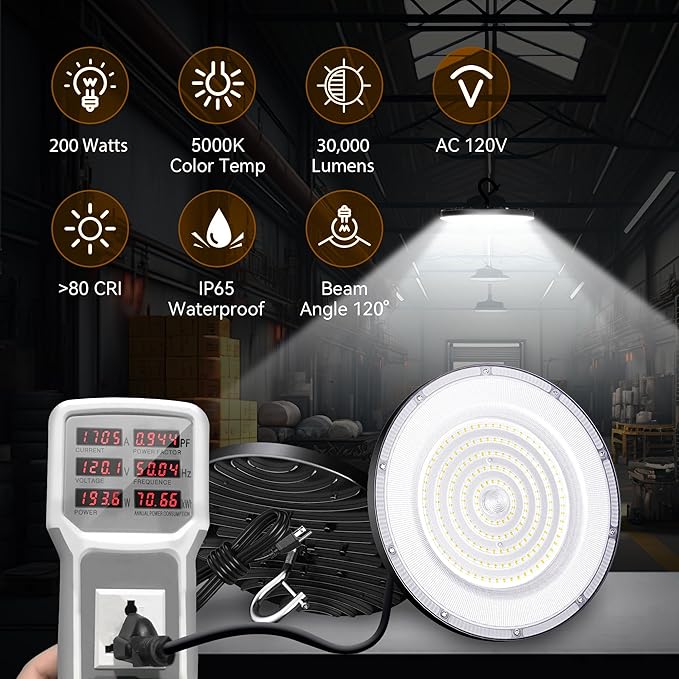 6 Pack UFO Led High Bay Light 200W(800W MH/HPS Equiv.), 30000lm 5000K ETL Listed High Bay Led Lights with 5' Cable US Hook, IP65 Waterproof Commercial Light Fixture for Warehouse Workshop Barn Factory