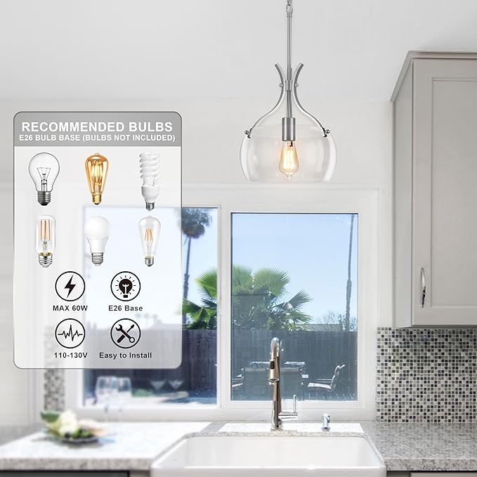 Glass Pendant Lights Kitchen Island, 11.8" Brushed Nickel Industrial Pendant Lighting, Modern Hanging Light Fixture with Glass Shade for Dining Room Kitchen Sink Hallway Entryway