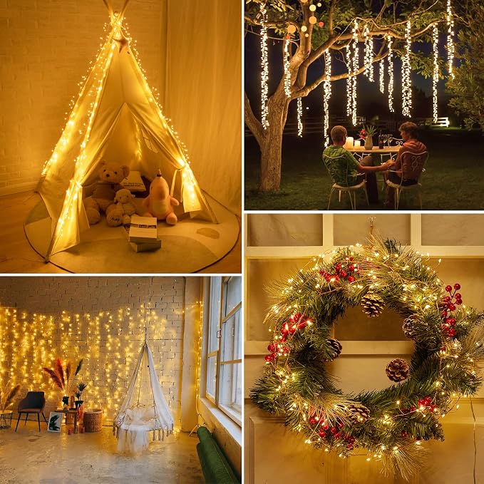 Minetom Fairy Lights Plug in, 23Feet 400LED Cluster String Lights, Copper Wire Waterproof Starry Firecracker Lights for Ceiling Bedroom Wreath Window Wedding Christmas Tree Decorations, Warm White