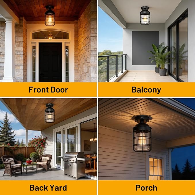 Outdoor Ceiling Lights for Porch with Dusk to Dawn Sensor, Black Outdoor Semi Flush Mount Ceiling Light Fixture with Clear Glass for Front Porch Entryway Patio, Set of 2